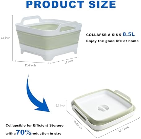 Collapsible Dish Basin Foldable Kitchen Sink With Drain Plug Plastic Laundry Tub 9L/2.4Gal RV & Camping Wash Basin Space-Saving Bottle Washing Sink (Green)