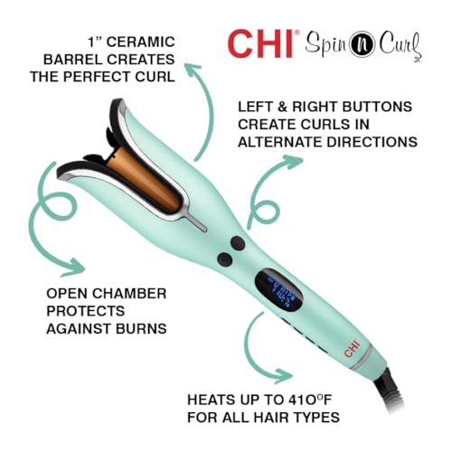 CHI Spin N Curl, Curling Iron For Healthy & Shiny Effortless Curls & Waves, Provides Preset Temperature Settings For Each Hair Texture, Mint Green