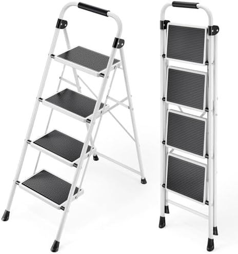 KINGRACK Step Ladder 4 Step Folding Step Stool for Adults with Handrails Heavy Duty Steel Sturdy Lightweight Collapsible Portable Step Ladder with Anti-Slip Wide Pedal,White