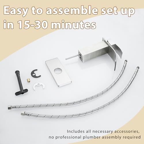 Fransiton Brushed Nickel Waterfall Bathroom Faucet Lavatory Single Handle 1 or 3 Hole Bathroom Sink Faucet Washbasin Faucet with Deck and Pop-up Drain