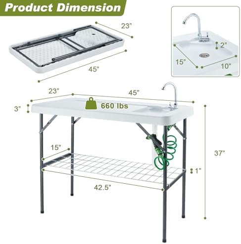 Folding Fish Cleaning Table Portable Camping Sink with Faucet Drainage Hose & Sprayer Outdoor Fillet Station Grid Rack Knife Groove for Picnic Fishing, Black