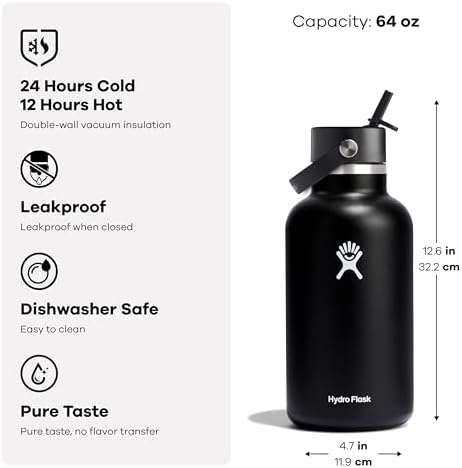 HYDRO FLASK Wide Mouth vacuum insulated stainless steel water bottle with leakproof closeable straw lid for cold water drinks, sports, travel, car and school