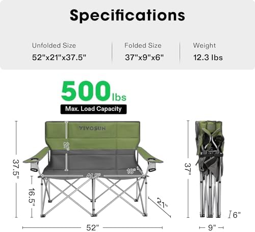 VIVOSUN Double Camping Chair, Fully Padded Folding Loveseat, Portable Oversized Duo Chair with Storage Cup Holders, Height-Adjustable Armrests & Carry Bag, Supports up to 500lbs, Green & Grey