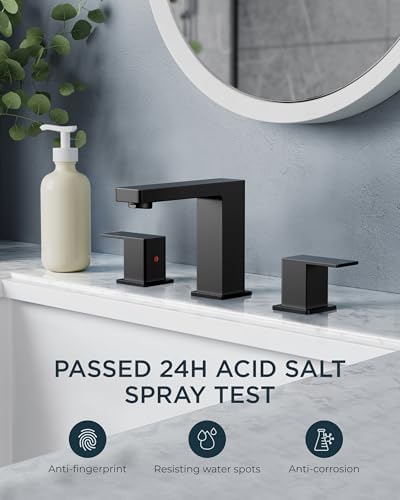 FORIOUS Black Bathroom Faucets 3 Hole, 2 Handle 8 Inch Widespread Bathroom Sink Faucet Matte Black Square for 6-12" Sink Remodel with Pop Up Drain, CUPC Hose and Spare Water Saving Aerator