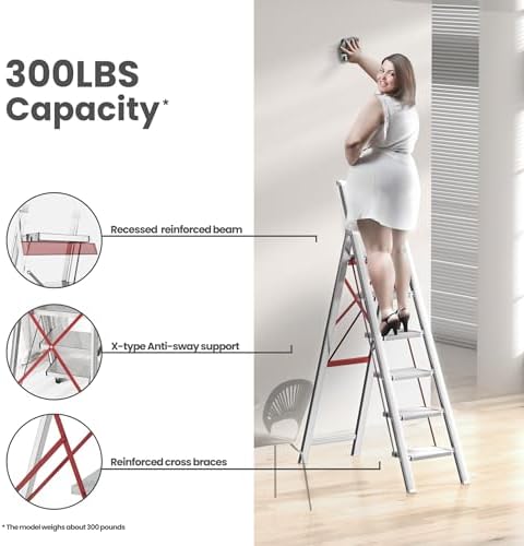 6 Step Ladder, Folding Step Stool with Handgrip and Anti-Slip Wide Pedal, Portable Lightweight Aluminum Stepladder for Kitchen, Home, Library, Office (300 lbs Capacity) - White