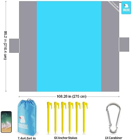 covacure Extra Large Beach Blanket Sandproof Waterproof - 108"x85" for 7-8 Adults, Oversized Portable Beach Mat with Zipper Pockets, Lightweight Durable Outdoor Accessories for Camping, Travel, Hiking