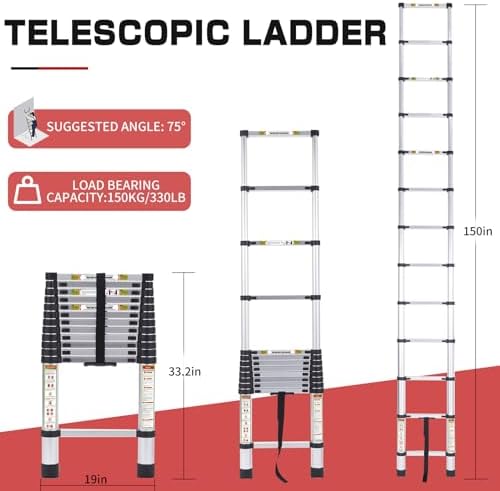 RIKADE Telescoping Ladder 12.5FT & Attic Ladder, Heavy Duty Aluminum with Non-Slip Feet, 330lb Capacity for RV, Attic, Roof & Multi-Surface Use