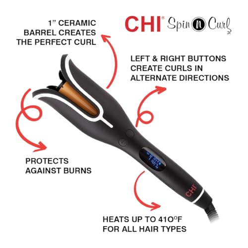 CHI Spin N Curl, Curling Iron For Healthy & Shiny Effortless Curls & Waves, Provides Preset Temperature Settings For Each Hair Texture, Onyx Black