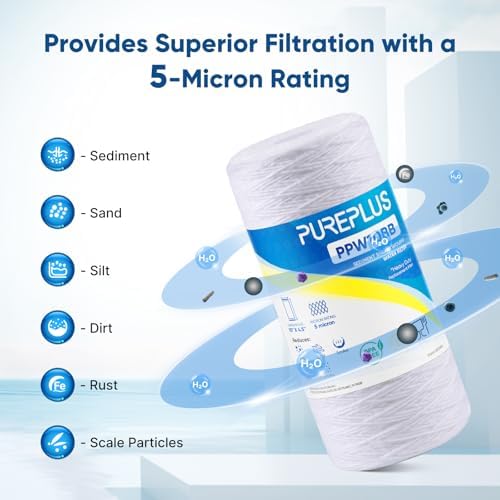 PUREPLUS 5 Micron 10 x 4.5 Whole House String Wound Sediment Filter for Well Water, Replacement Cartridge for 84637, WPX5BB97P, PC10, 355214-45, 355215-45, WP10BB97P, WP5BB97P, 3Pack