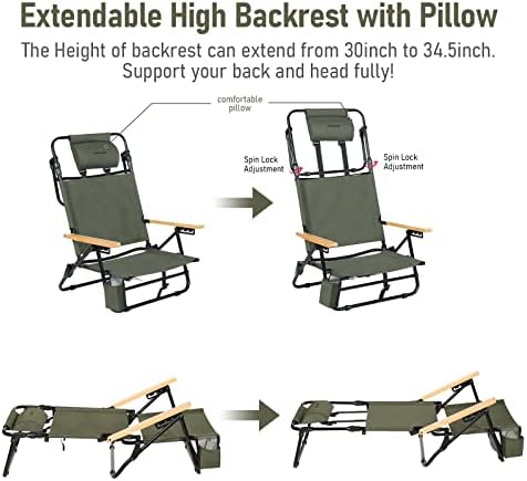 REALEAD Reclining Beach Chairs for Adults, Extendable High Back Beach Chair with Headrest and Cooler Pouch, 4-Position Lay Flat Folding Beach Chairs Heavy Duty Support 330LB