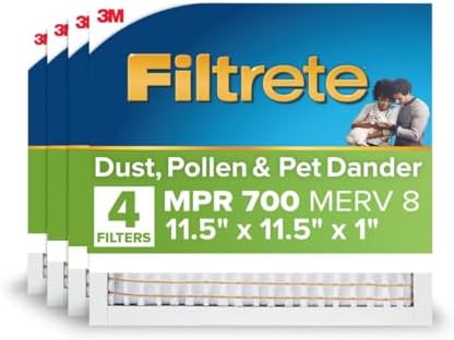 Filtrete 11.5x11.5x1 AC Furnace Air Filter, MERV 8, MPR 700, Tough on Pollen, Easy on Airflow, 3-Month Pleated 1-Inch Electrostatic Air Cleaning Filter, 4-Pack (Actual Size 11.19 x 11.19 x 0.81 in)