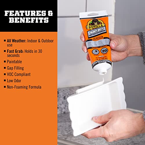 Gorilla Heavy Duty Construction Adhesive, White Glue, 7 Ounce Squeeze Tube (Pack of 2) - Gap Filling and Waterproof