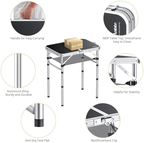 Folding Camping Table, Aluminum 24" x 16" Adjustable Height Small Folding Table with Carrying Handle, Lightweight, Portable Camping Table Waterproof for Outdoor Indoor Picnic Beach BBQ (Black)