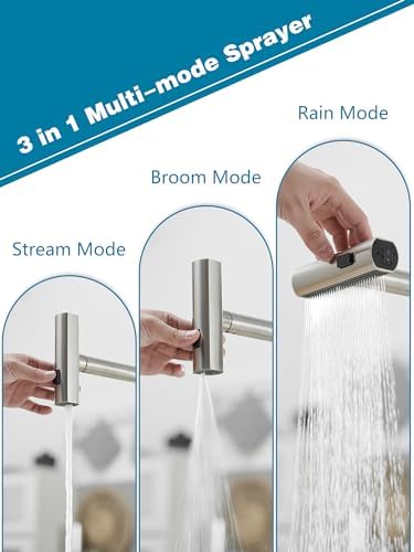 Kitchen Faucets with Pull Down Sprayer,Waterfall Kitchen Sink Faucet,Commercial Utility Stainless Steel Kitchen Faucets,Single Handle Kitchen Sink Faucet with Pull Down Sprayer for 3 Function,Brushed
