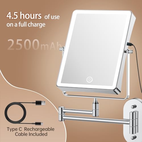 FASCINATE Rechargeable Wall Mounted Makeup Mirror, Bathroom Mirror Rectangle 8.7 Inch Double Sided 1X 10X Magnifying, 3 Color Setting, Extended Arm 360° Swivel Foldable Chrome