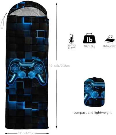 Axolotl Gamepad Sleeping Bag,3 Season Warm and Cool Weather Game Console Sleeping Bag for Boys Teens,Waterproof Lightweight Geometry Hexagonal Sleeping Bag for Traveling,Outdoors Camping,Blue,Black