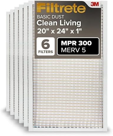Filtrete 20x24x1 AC Furnace Air Filter, MERV 5, MPR 300, Capture Unwanted Particles, 3-Month Pleated 1-Inch Electrostatic Air Cleaning Filter, 6-Pack (Actual Size19.81x23.81x0.81 in)