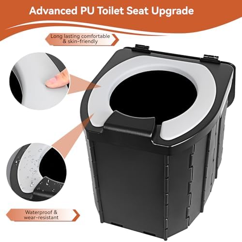 Portable Camping Toilet Upgraded Soft Camp Toilet Seat with Paper Holder- Travel Potty Perfect for Emergency Preparedness, Backcountry, Car, Boat, Road Trips. (BLACK)