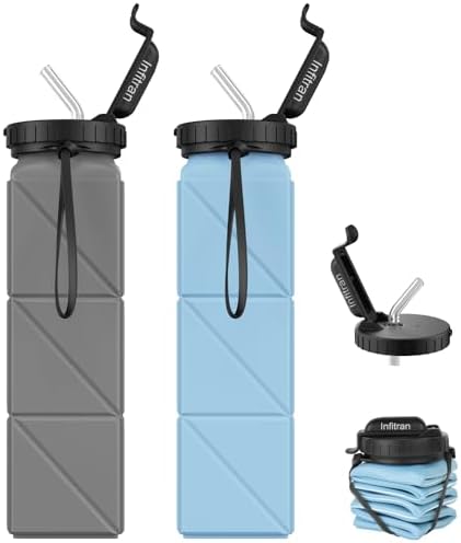 Collapsible Water Bottles, BPA-Free Silicone Foldable Water Bottle Cup with Straw Strap,Leak-Proof Durable Lightweight Bottle for Gym Travel Camping Hiking Running Sport,2Pack(Gray+Blue)