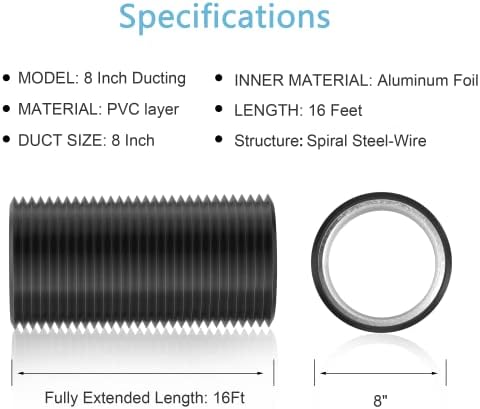 Hon&Guan 8 inch 16 FT Long Air Ducting, Heavy-Duty Four-Layer Protection Dryer Vent Hose for Heating Cooling Ventilation and Exhaust-with 2 Clamps, Black