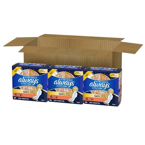 Always Ultra Thin Overnight Pads, Size 4, Overnight, Unscented, 50 Count x 3 Packs (150 Count total) (Packaging May Vary)