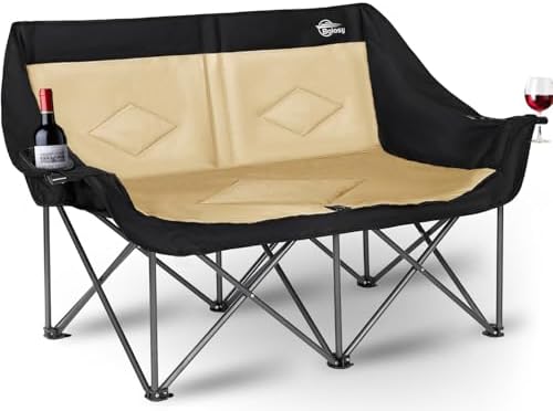 Double Camping Chair Loveseat Camping Chair Double Folding Chair Camp Chairs for Adults Heavy Duty Two Person Camp Chair Padded Camping Couch 2 Person Lawn Chairs - Support 650 lbs - Khaki
