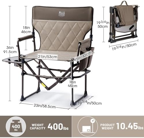 TIMBER RIDGE Heavy Duty Camping Chair with Compact Size, Portable Directors Chair with Side Table and Pocket for Camping, Lawn, Sports and Fishing, Supports Up to 400lbs, Tan