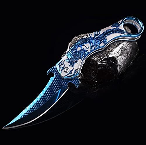 Pocket Knife for Men, Cool Folding Knife With 3D Blue Dragon Relief, Great Gift Edc Knife For Men Outdoor Survival Camping Hiking