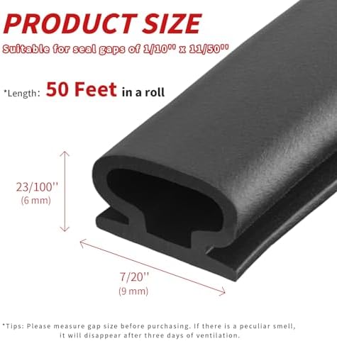 50 Feet D-Shape Rubber Weather Stripping Door Seal Strip, Fingwerk Self-Adhesive Backing Door Weatherstripping for Door Frame Insulation Large Gap, Easy Cut to Size with Tailor Scissors(Black)