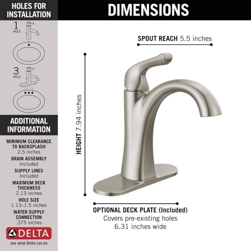 Delta Arvo Brushed Nickel Bathroom Faucet 1 Hole, Single Hole Bathroom Sink Faucet for Vanity, Push-Pop Drain Assembly, Spotshield Stainless 15840LF-SP