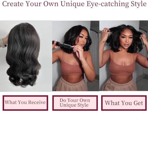 Bob Wig Human Hair 13x4 Body Wave Lace Front Wigs Human Hair 180% Density Lace Front Wigs Human Hair Pre Plucked Human Hair Wigs for Black Women Wigs Human Hair with Baby Hair (14 Inch, Natural Black)