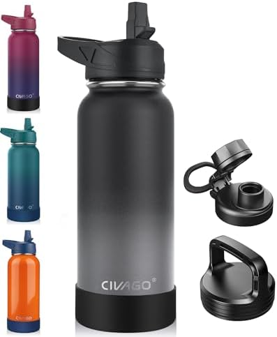 CIVAGO 32 oz Insulated Water Bottle With Straw, Stainless Steel Sports Water Cup Flask with 3 Lids (Straw, Spout and Handle Lid), Wide Mouth Travel Thermal Mug, Dreamy Black Gray