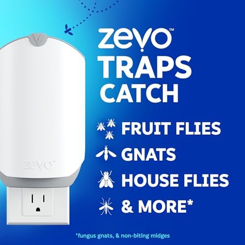 Zevo Flying Insect Trap & 3 Cartridges - Plug in Fly Trap & Indoor Bug Catcher for Gnats, House & Fruit Flies - Mess-Free - Use in Any Room - Uses Blue & UV Light (1 Plug in Device & 3 Cartridges)