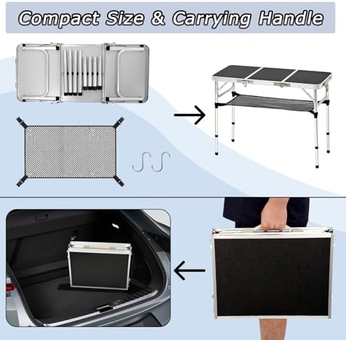Tri-fold Folding Picnic Table, 3ft Camping Table Lightweight Portable Aluminum Outdoor Table with Adjustable Heights for Backyard BBQ Party