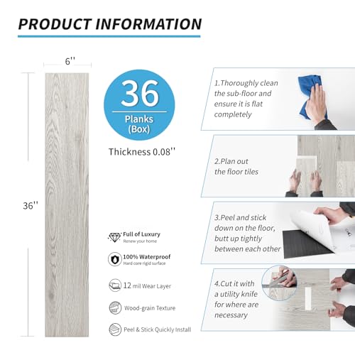 Art3d 36-Pack Peel and Stick Luxury Vinyl Flooring Tiles, 54 Sq. Ft Self Adhesive Wood Plank for Kitchen, Bedroom, Bathroom, Grey Ash