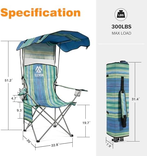 Camping Chair, Oversized Folding Chair with Canopy, Portable Outdoor Chair with Arms, Cup Holder and Carry Bag for Camping, Fishing, Beach, and Sports, Multi-Color