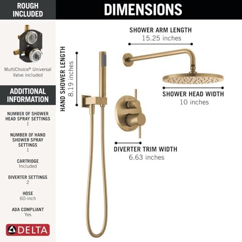 Delta Faucet Modern Raincan 2-Setting Round Shower System Including Rain Shower Head and Handheld Spray Gold, Rainfall Shower System Gold, Shower Valve and Trim Kit, Champagne Bronze 342702-CZ