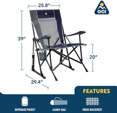 GCI OUTDOOR RoadTrip Rocker Camping Chair | Portable, Folding Rocking Chair with Solid, Durable Armrests, Drink Holder & Comfortable Extended Backrest — Indigo Blue