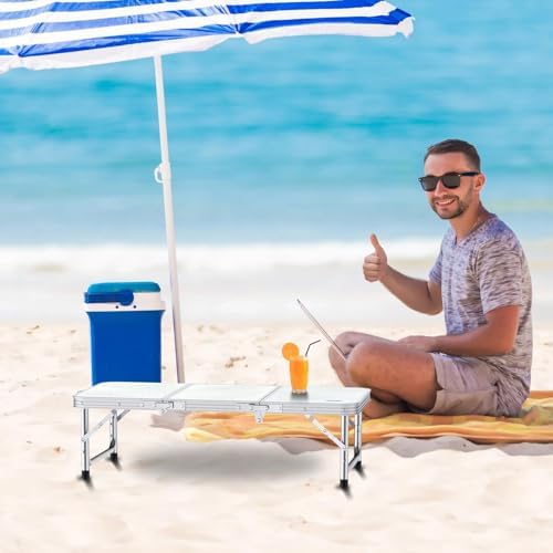 Folding Camping Table with Storage Net, 3ft Camping Table Aluminum Folding Table with 3 Adjustable Height Max 27.1 Inch, Portable, for Outdoor Backyard BBQ, Silver