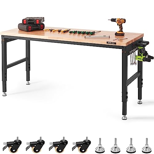 VEVOR Workbench for Garage 72" Adjustable Workbench, Heavy-Duty Hardwood Worktable with Universal Wheels, 3000 LBS Load Capacity, with Power Outlets, for Workshop, Garage, Office and Home