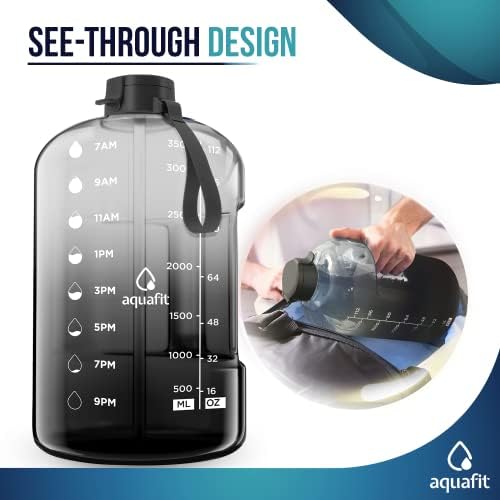 AQUAFIT 1 Gallon Water Bottle With Times To Drink - 128 oz Straw Motivational Large Sports Time Marker Gym Jug Gallon , Black
