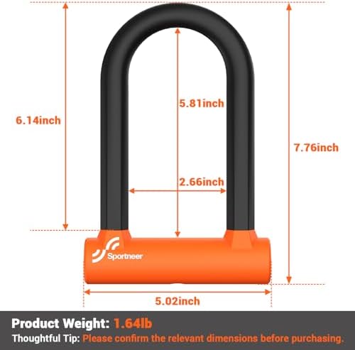 Sportneer Bike U Lock - Heavy Duty Anti Theft Bike Lock with 5ft Security Steel Cable - 17mm Shackle Bicycle U-Locks with Keys & Sturdy Mounting Bracket for Road, Mountain, Electric Bike - Orange