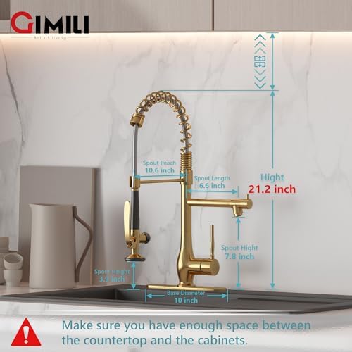 GIMILI Brushed Gold Kitchen Faucet with Pull Down Sprayer Single Handle High Pressure Brass Kitchen Sink Faucet Commercial Double-Headed Kitchen Faucets Sink with Deck Plate