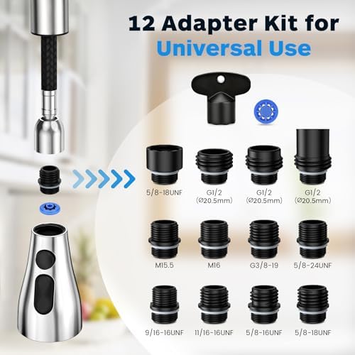 Kitchen Faucet Head Replacement 3 Modes with 12 Adapters, Pull Down Spray Head for Kitchen Faucet, Kitchen Sink Faucet Head G 1/2, Sprayer Head Replacement, Chrome