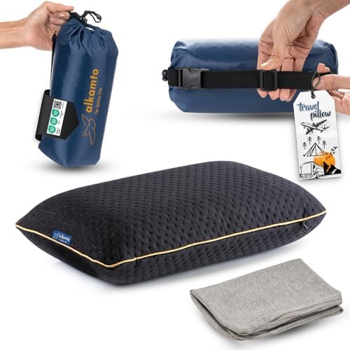 Memory Foam Pillow for Travel and Camping with Extra Cotton Cover – Easy to Carry Portable Bag (Black)