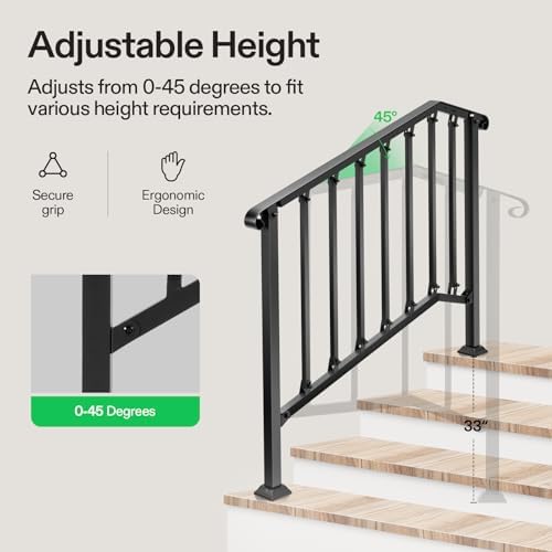 VIVOSUN Outdoor Handrail, 4 Step Stair Handrail, 54" x 36" Fits 1 to 4 Steps, Wrought Mattle Iron Stair Railing with Curved End and Balusters for Concrete Step, Porch Steps, One-Step Assembly, Black