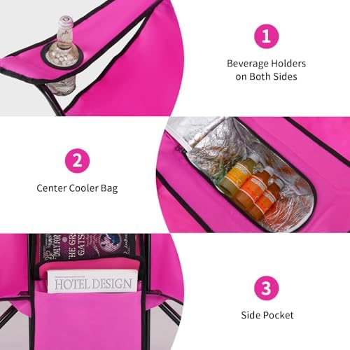 KOTEK Double Camping Chair, Folding Camp Chair with Removable Umbrella, Cup Holders, Cooler Bag, Side Pocket & Carry Bag, 2-Person Beach Chair for Outdoor, Sports, Concerts, Travel, Picnic (Pink)