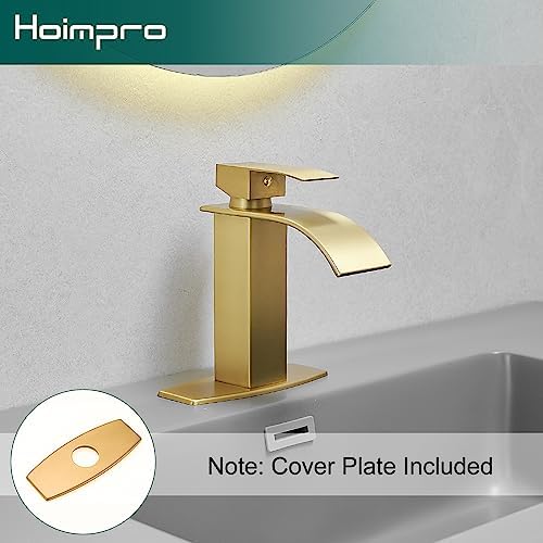 Hoimpro Brushed Gold Waterfall Spout Single Hole Bathroom Faucet, Stainless Steel Single Lever Bathroom Vanity Sink Faucet with Drain, cUPC Hose and Deck Plate