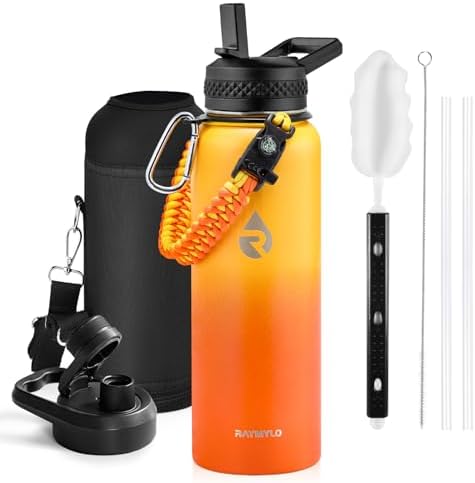 Insulated Water Bottle 40 oz, Triple Wall Vacuum Stainless Steel (Cold for 48 Hrs), Leak Proof & Non-BPA, Modern Water Flask Jug with Paracord Handle & Straw Spout Lids, Ombre Orange