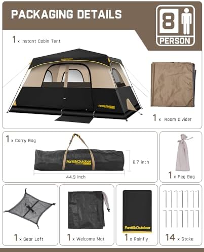 FanttikOutdoor Camping Tent 4/6/8/10 Person Instant Cabin Tent Setup in 60 Seconds with Rainfly & Windproof Portable with Carry Bag for Family Camping & Hiking